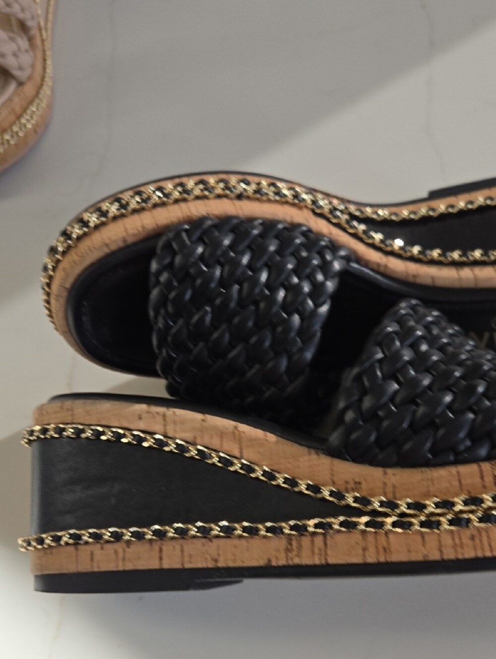 CHANEL Black Braided Leather Slide Mules with Gold Chain Trim - Picture 5 of 9